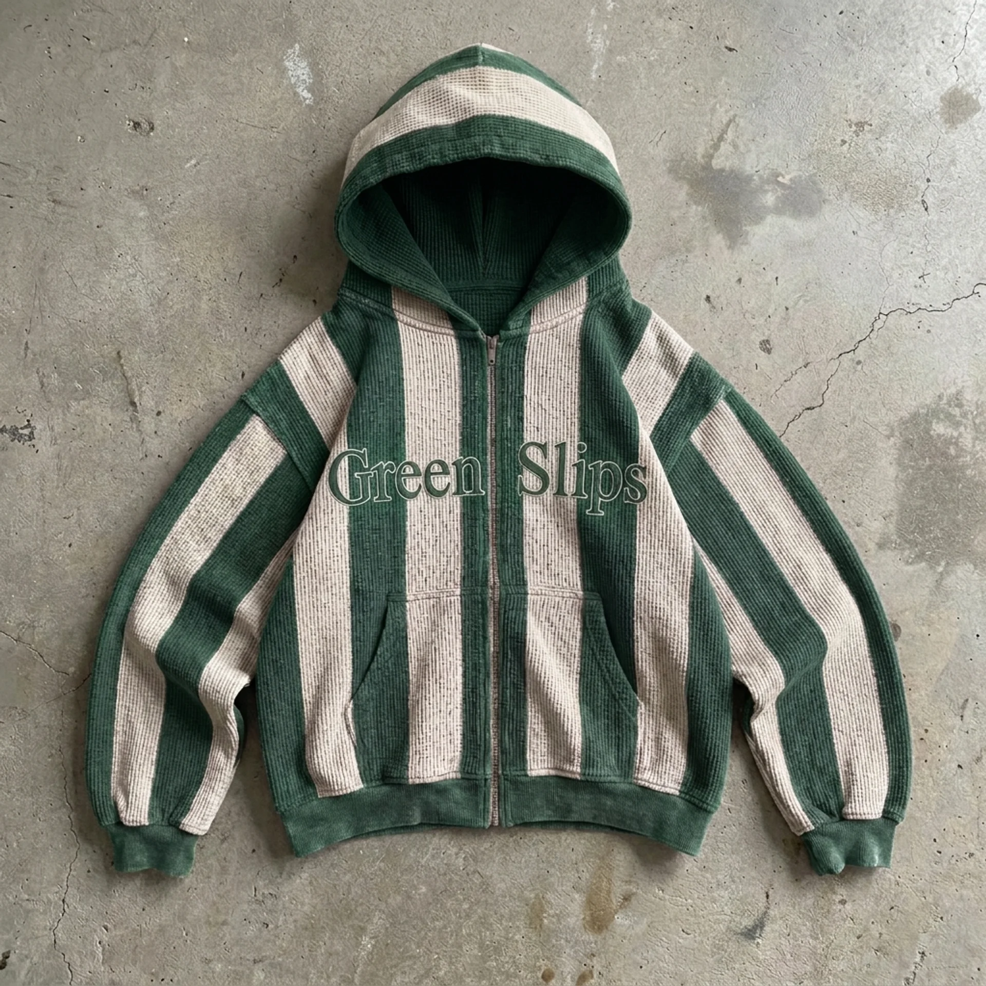 Green Motion – Striped Waffle Zip Hoodie